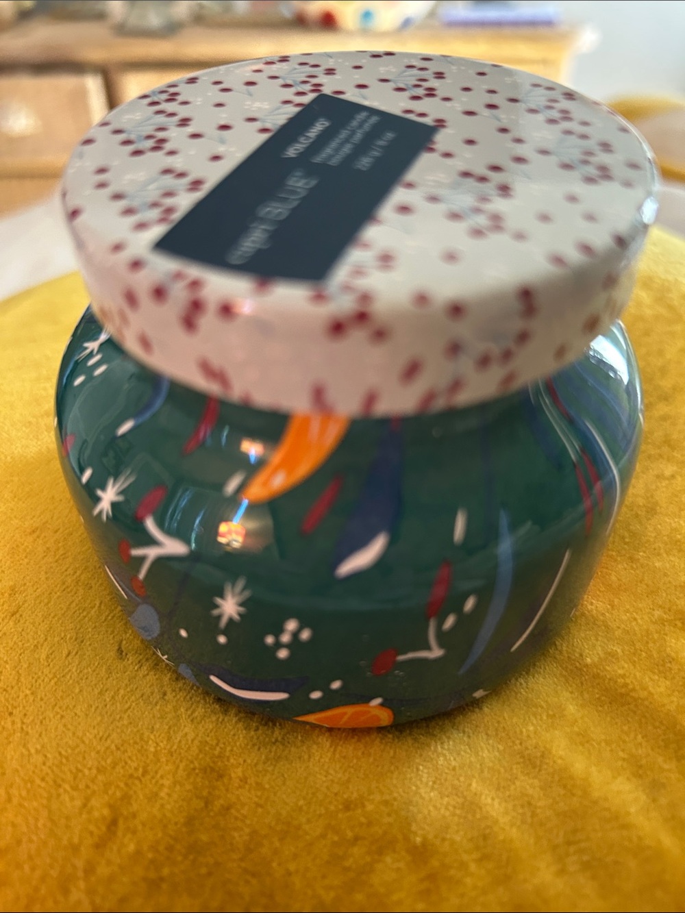 Decorative Green Glass Jar Candle with Citrus & Berry Motif By Volcano - Picture 7 of 7